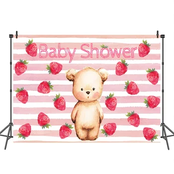 Фон для фотосъемки в душе ребенка Медведь, фон в клубнично-розовую полоску, баннер для вечеринки по случаю дня рождения, декор для фотобудки