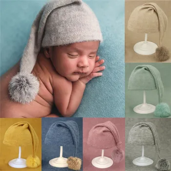 Реквизит для фотосъемки новорожденных, Вязаный меховой шар, шапка для новорожденных, реквизит для фотосъемки в детской фотостудии, Шапочка-бини, детская шапочка