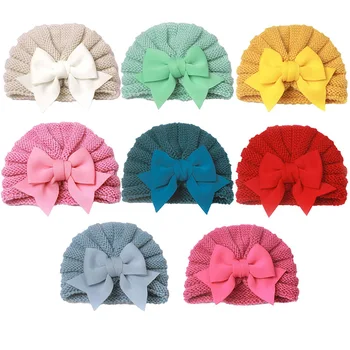 Зимняя шапочка-Бини для новорожденных, Шерстяная вязаная шапка с бантом для мальчиков и девочек, Осенняя шапочка-Тюрбан, детская шапочка, теплые аксессуары для младенцев от 0 до 2 лет
