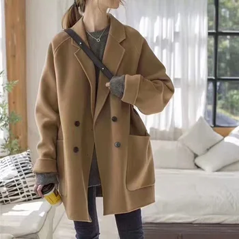 Двустороннее плюшевое пальто свободной ширины для женщин, новое осенне-зимнее короткое шерстяное пальто в стиле маленького костюма