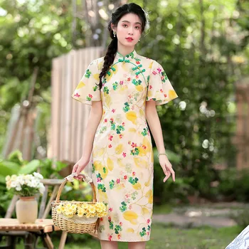 Летнее праздничное платье с цветочным принтом, Хлопковые платья Cheong-sam Lady Chirpaur's