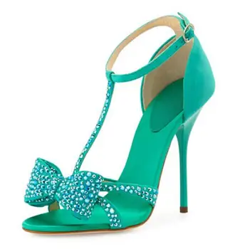 Элегантный светло-зеленый замша кожа Кристалл галстук-бабочка сандалии Т-образный каблук сандалии бирюзовые вечеринка, свадебное платье обувь женщина