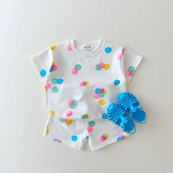 Летние комплекты одежды для маленьких девочек с принтом в горошек, футболки с короткими рукавами, топы + хлопковые повседневные шорты, брюки, комплект из 2 предметов