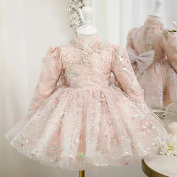 IYEAL/ детское платье с блестками, платье принцессы, платье высокого класса для девочек, платье для выступления на фортепиано, Платье с длинными рукавами для девочек в цветочек