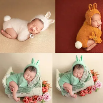 Одежда для фотосъемки младенцев, вязаная шапка с кроликом + комбинезоны, 2 шт./компл., Аксессуары для студийной фотосъемки новорожденных, костюм кролика