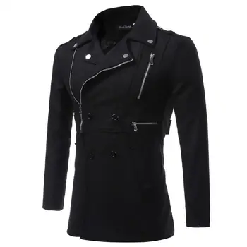 Декоративное пальто на молнии, мужское однотонное шерстяное пальто средней длины из черного полиэфирного волокна, повседневная дизайнерская одежда