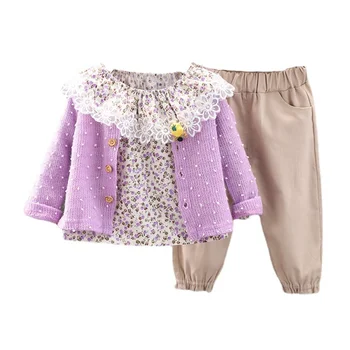 Новый весенне-осенний модный костюм для малышей, повседневная куртка для девочек, Футболка, брюки, 3 шт./компл., костюм для малышей, детские спортивные костюмы
