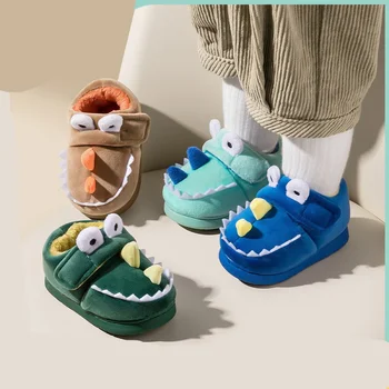 Детская хлопчатобумажная обувь, зимние плюшевые домашние тапочки из теплой шерсти, домашние тапочки с динозавром для мальчиков, хлопчатобумажные тапочки для девочек