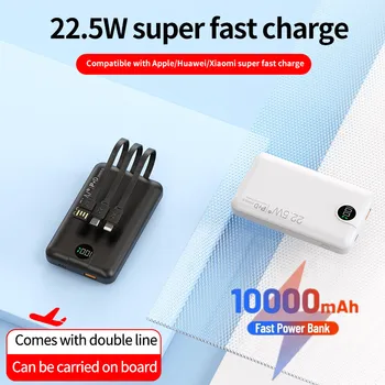 22,5 Вт Power Bank Цифровой дисплей 10000 мАч Супер быстрая зарядка Портативный Повербанк Встроенный кабель Type C для iPhone Xiaomi