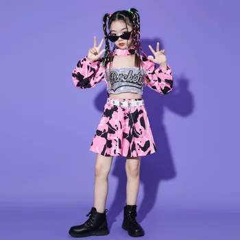 Детская одежда в стиле хип-хоп, розовый топ с блестками на молнии сзади, укороченный топ с длинным рукавом, Мини-юбка для девочки, костюм для джазовых танцев, Комплект одежды