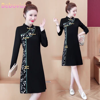 Большие размеры M-4XL, весеннее Ципао с длинным рукавом и модным принтом для женщин, современное китайское платье Чонсам, традиционная одежда для вечеринок