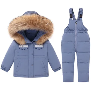 Детский костюм, утепленные пальто с капюшоном + комбинезон, 2 шт., зимняя одежда на утином пуху для маленьких девочек, Зимний комбинезон для мальчиков, Комплект детской одежды, Верхняя одежда