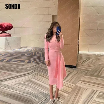 SONDR Розовое простое короткое вечернее платье для выпускного вечера с длинными рукавами Чайной длины Вечерние платья Вечерние платья 2023 Коктейльное платье