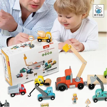 LIQU Строительные игрушечные машинки 14 шт., деревянные детские мини-транспортные средства для малышей, совместимые с игрушками Thomas Train, железной дорогой и крупными
