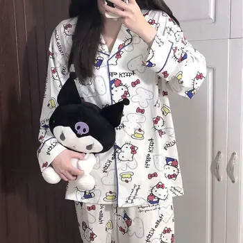 Пижама Sanrio Kawaii Hello Kittys Аниме с милыми мультяшными длинными рукавами и длинными штанами Удобная дышащая домашняя одежда Игрушки для девочек