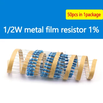 Металлический пленочный резистор 1/2 Вт 1% Пятицветный кольцевой резистор 10 Ом Значение сопротивления A (50 шт.)