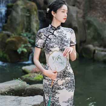Сексуальное Элегантное китайское платье Ципао Длиной до колен в китайском стиле с коротким рукавом, атласное платье Чонсам с принтом