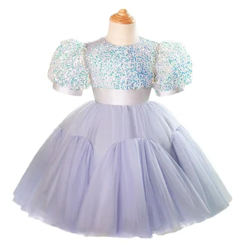 Летнее Детское Сиреневое платье с блестками и цветочным узором для девочек на свадьбу, День рождения, бальное платье из тюля для девочек от 1 до 14 лет