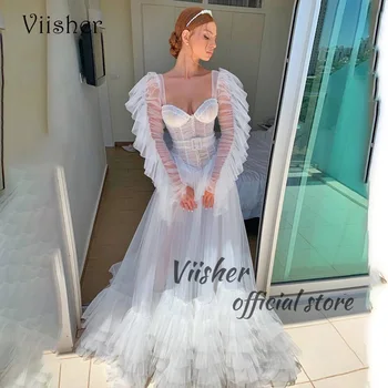 Свадебные Платья Viisher из Белого Тюля Трапециевидной формы С Длинным рукавом, Современное платье Невесты, свадебные платья Принцессы