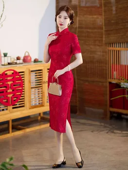 2023 Летнее Свадебное платье для помолвки в красном Чонсам в китайском стиле, Кружевное Темпераментное Длинное женское платье Ципао для молодых