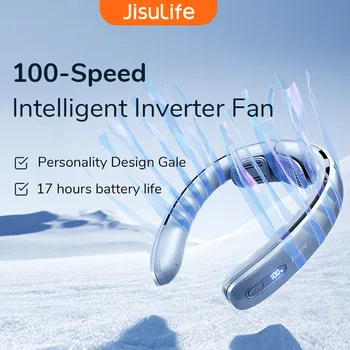 Портативный шейный вентилятор JISULIFE, 100 скоростей ветра, батарея 5000 мАч, 17 часов работы, мини-электрический шейный вентилятор, USB-перезаряжаемый шейный вентилятор