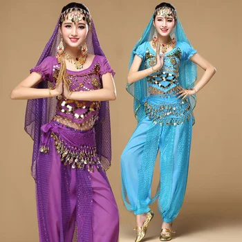 Комплект костюмов для индийских танцев, Танцевальное Сари, Болливудский Танец живота, Сценическое представление, Шифоновый танцевальный топ, комплект брюк с поясом