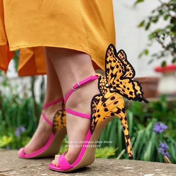 Крылья бабочки леопардовые сандалии с открытым носком лодыжки ремень пряжка сандалии для женщин летняя 2023 новые свадебные туфли роскошные сексуальные