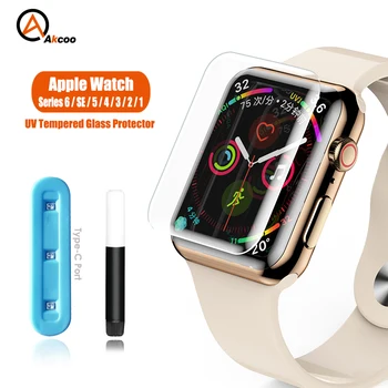 Akcoo УФ Клей Защитная пленка для экрана Apple Watch Series SE Стеклянная Пленка для Apple Watch 1 2 3 4 5 6 44 42 40 38 мм Закаленное стекло