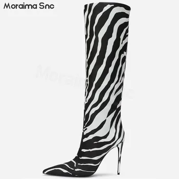 Черно-белые сапоги с острым носком в виде зебры, Сапоги на шпильке с леопардовым узором, женская мода, Большие размеры, Темперамент, женские сапоги