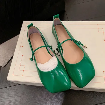 Женские туфли Mary Janes Из спилка, простые балетки на плоской подошве на каждый день, с квадратным носком, зеленого цвета, Женская обувь без каблука