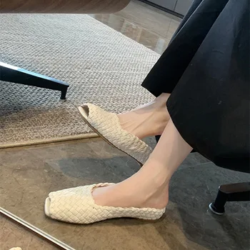 Maxdutti/ Французская офисная женская Повседневная обувь Muller на плоской подошве Ручной работы, Простые повседневные сандалии и тапочки с квадратным носком