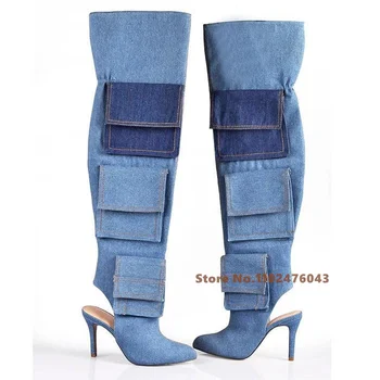 Женские ботинки из джинсовой ткани, сапоги выше колена на открытом каблуке с карманами, осенние ботильоны, сапоги для подиума на тонком высоком каблуке