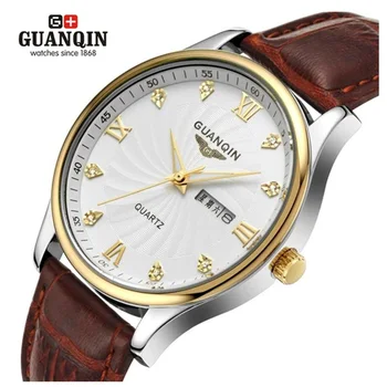 Оригинальный бренд GUANQIN Мужские Часы Класса Люкс 30 м Водонепроницаемые Кварцевые Часы, Кожаные часы GUANQIN, Мужские Наручные часы