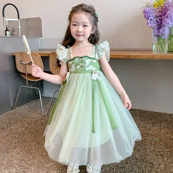 Платье Hanfu для маленьких девочек с пандой, Новинка 2023 года, Старинное летнее платье Принцессы для маленьких девочек, Детское платье с сетчатой юбкой, Чонсамы