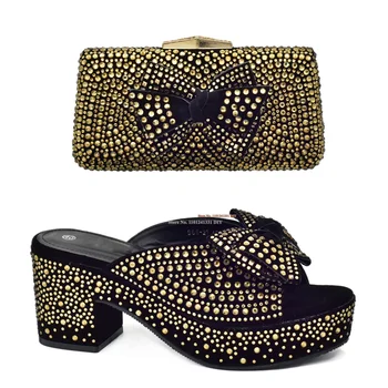 Золотисто-черные шлепанцы с кристаллами, босоножки на толстой платформе, женские тапочки на высоком каблуке с драгоценными камнями, блестящая обувь для свадебной вечеринки с сумкой