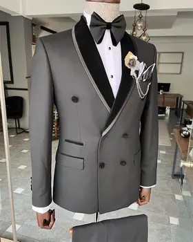 Мужские свадебные костюмы, официальный офисный мужской блейзер + брюки, сшитый на заказ Серый смокинг жениха, 2 предмета, платье для выпускного вечера, куртка для вечеринки