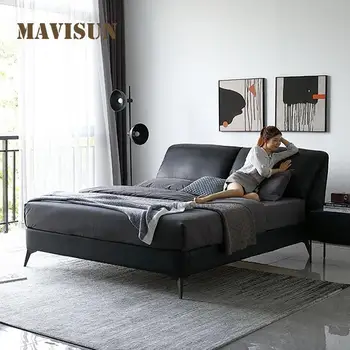 Скандинавская кожаная кровать для небольшой квартиры 1,8 метра, современная минималистичная черная Мягкая и удобная двуспальная кровать для свадьбы
