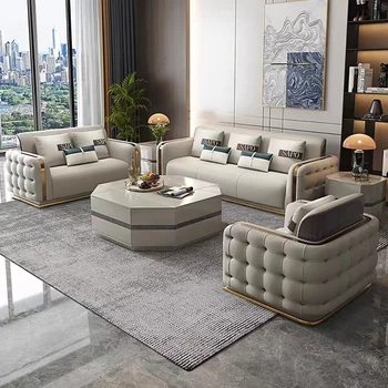 Мебель для гостиной с пряжкой в американском стиле, современный роскошный кожаный диван для трех человек