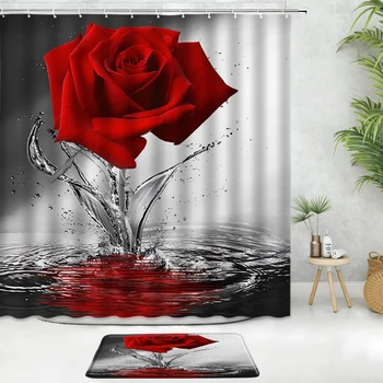Водяная Красная Роза Занавеска для душа Из Полиэстеровой ткани, Декор для ванной Комнаты, Ковровое покрытие, Коврик для унитаза, противоскользящий коврик, Моющийся коврик для занавески