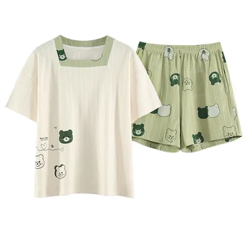 Пижамы, женские летние новые хлопковые шорты с короткими рукавами, студенческий милый домашний костюм большого размера, можно носить вне пижамных комплектов