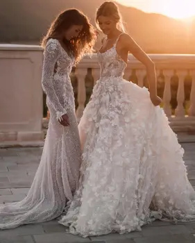 Спагетти ремень богемный пляж свадебные платья 3D цветочные спинки развертки поезд плюс размер бохо сад невеста платье Vestido Бранко