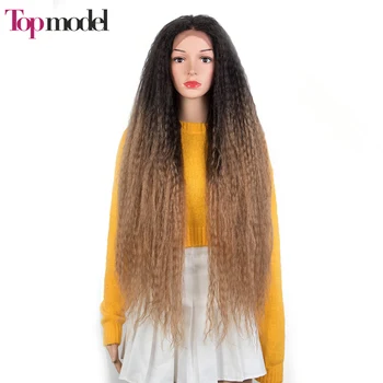 Топ-модель, длинные кудрявые прямые синтетические кружевные парики для чернокожих женщин, 38 дюймов, Омбре, коричнево-розовый синтетический кружевной парик, косплей, ежедневное использование
