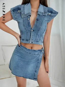 BoozRey/ джинсовый комплект из двух предметов, женская одежда Y2K, модные однобортные топы с отложным воротником + сексуальная уличная одежда