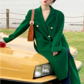 Зимнее Винтажное Двустороннее Шерстяное пальто, Женская Шерстяная верхняя Одежда X-long зеленого Цвета с поясом