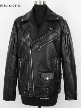 Mauroicardi/ Демисезонная черная байкерская куртка из искусственной кожи для мужчин, Стильная куртка с длинным рукавом на молнии, большие размеры, модная мужская одежда 5xl