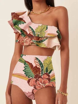 Комплект Бикини с цветочным принтом и оборками на одно плечо, 2023, Модные женские купальники, Летний купальник с высокой талией, купальные костюмы в пляжном Стиле