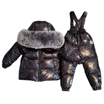 Зимний комбинезон для девочек, комплекты детской одежды с металлическим блеском, зимняя лыжная куртка на утином пуху с капюшоном + брюки, лыжный костюм для мальчиков, детский