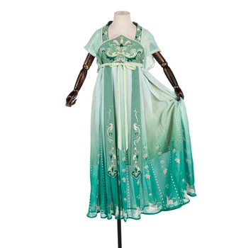 Вышивка Hanfu для девочек, Детские Длинные Платья Принцессы для танцев, традиционная китайская одежда с коротким рукавом HFT016
