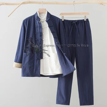 Комплект из 3 предметов, хлопковый льняной костюм кунг-фу Тай-чи, униформа для боевых искусств Вин Чунь, Цигун Ушу, пальто, куртка и брюки