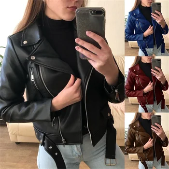 2023 Кожаная короткая куртка, женское мотоциклетное пальто из искусственной кожи, весна-осень, отложной воротник, облегающая верхняя одежда на молнии, черные коричневые топы